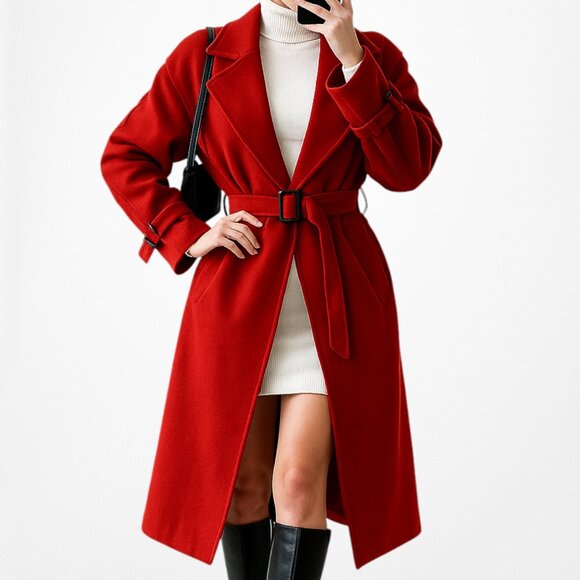 Red Oversized Belted Trench Coat Peacoat Style Long Jacket Size XS/S/M - Picture 3 of 10